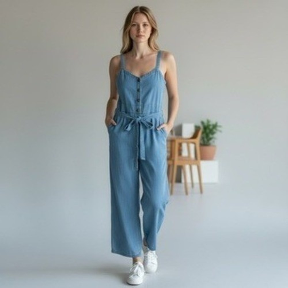 NWT LOFT Womens Blue Chambray Button‎ Front Wide Leg Jumpsuit Size 10 Boho